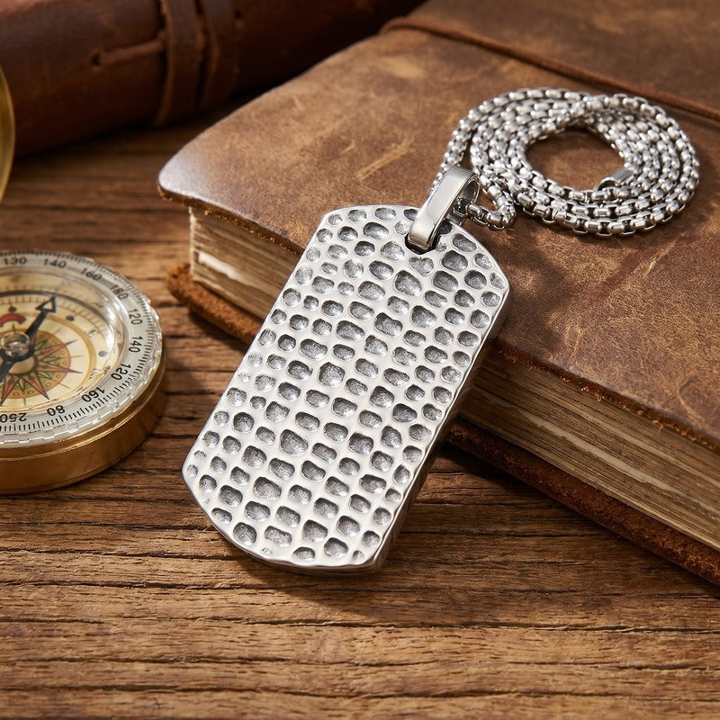 Kemson Hammered Tag Pendant Necklace Men Stainless Steel Vintage Textured Style KP118340-KJX