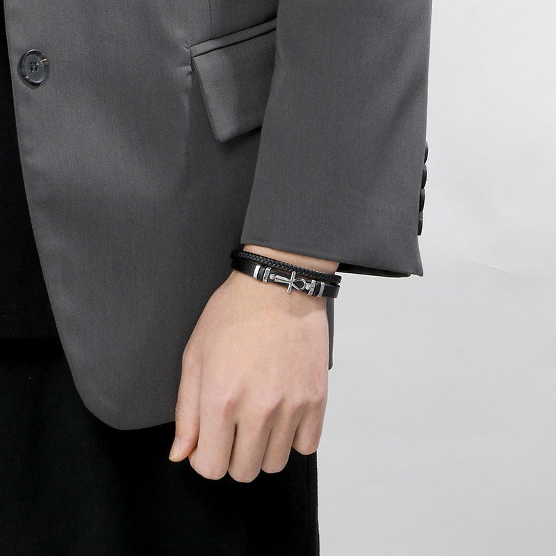 Kemstone Layered Leather Bracelet for Men Stainless Steel Cross Detail KB180738-JR