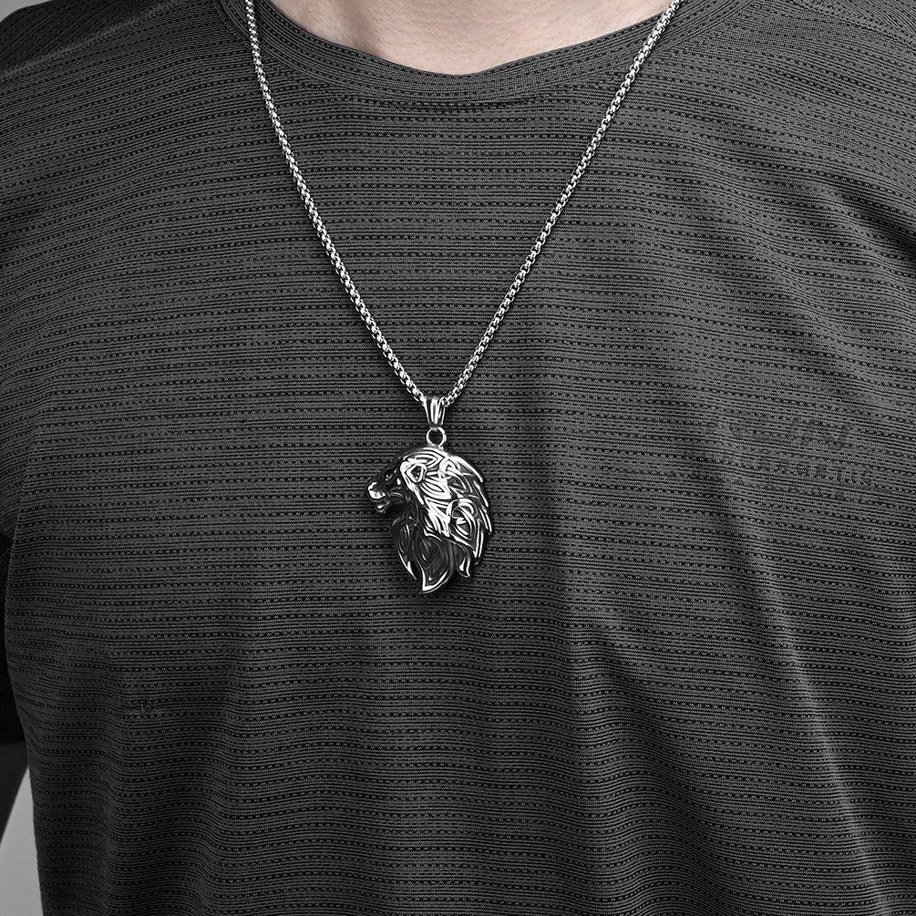 Kemstone Stainless Steel Lion Head Pendant Necklace – Vintage Relief Design K-PT495