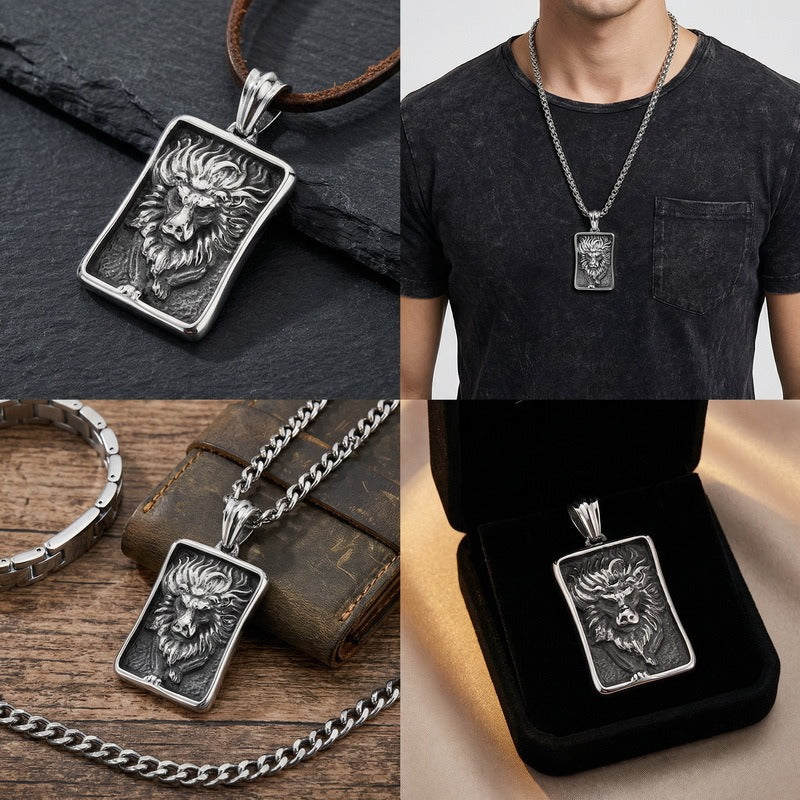Kemstone Titanium Steel Lion Tag Pendant Necklace for Men Vintage Relief Design KP98157-KJX