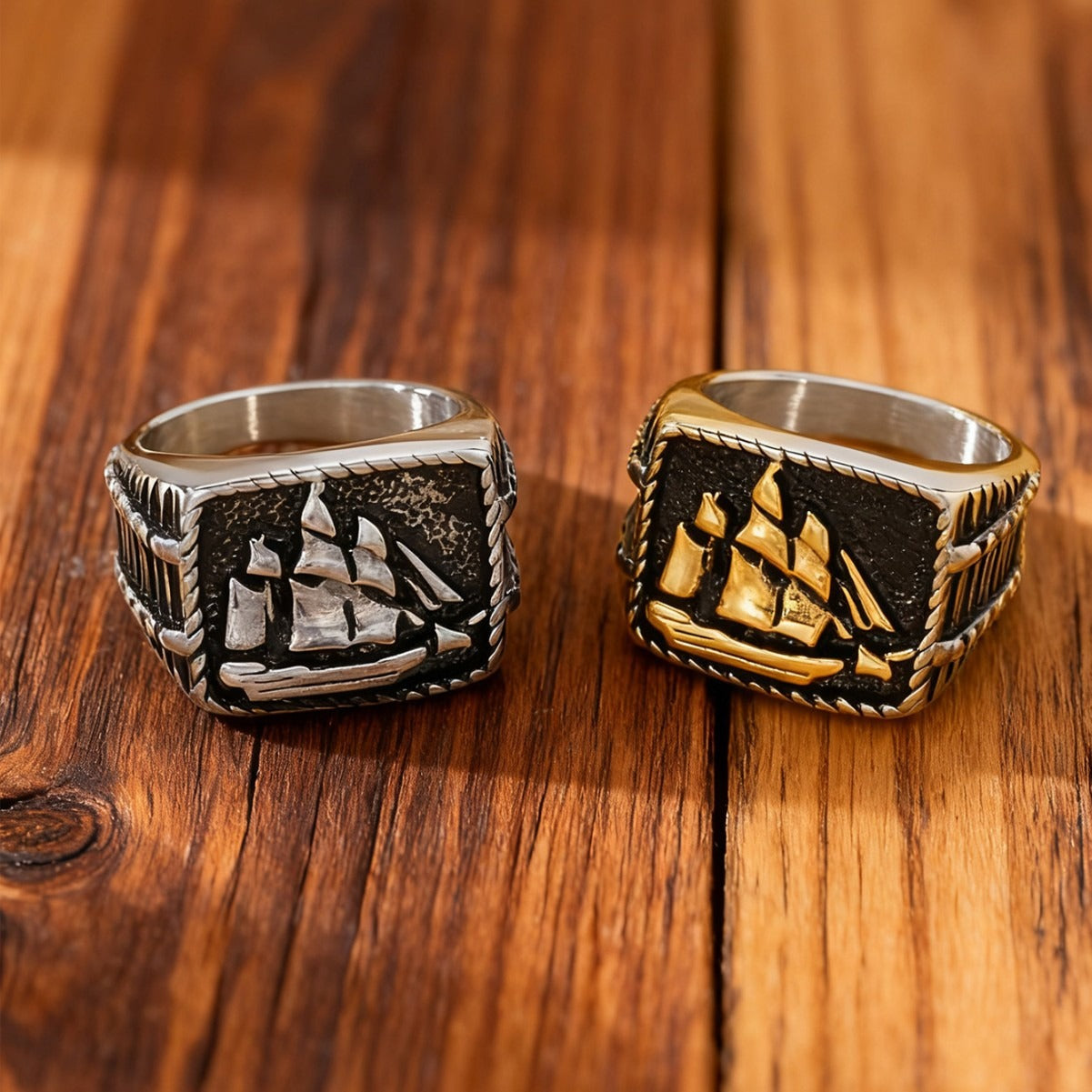 Kemstone Men’s Stainless Steel Sailboat Ring – Vintage Nautical Square Band TR0515