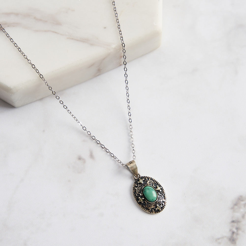 Kemstone 925 Sterling Silver Turquoise Oval Pendant Necklace for Women Vintage Oxidized GMN45