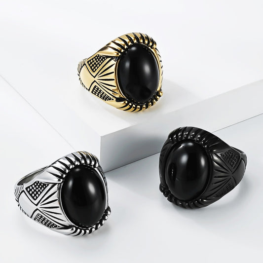 Kemstone Black Inlay Stainless Steel Signet Ring for Men – Vintage Punk Biker Style K-R1125