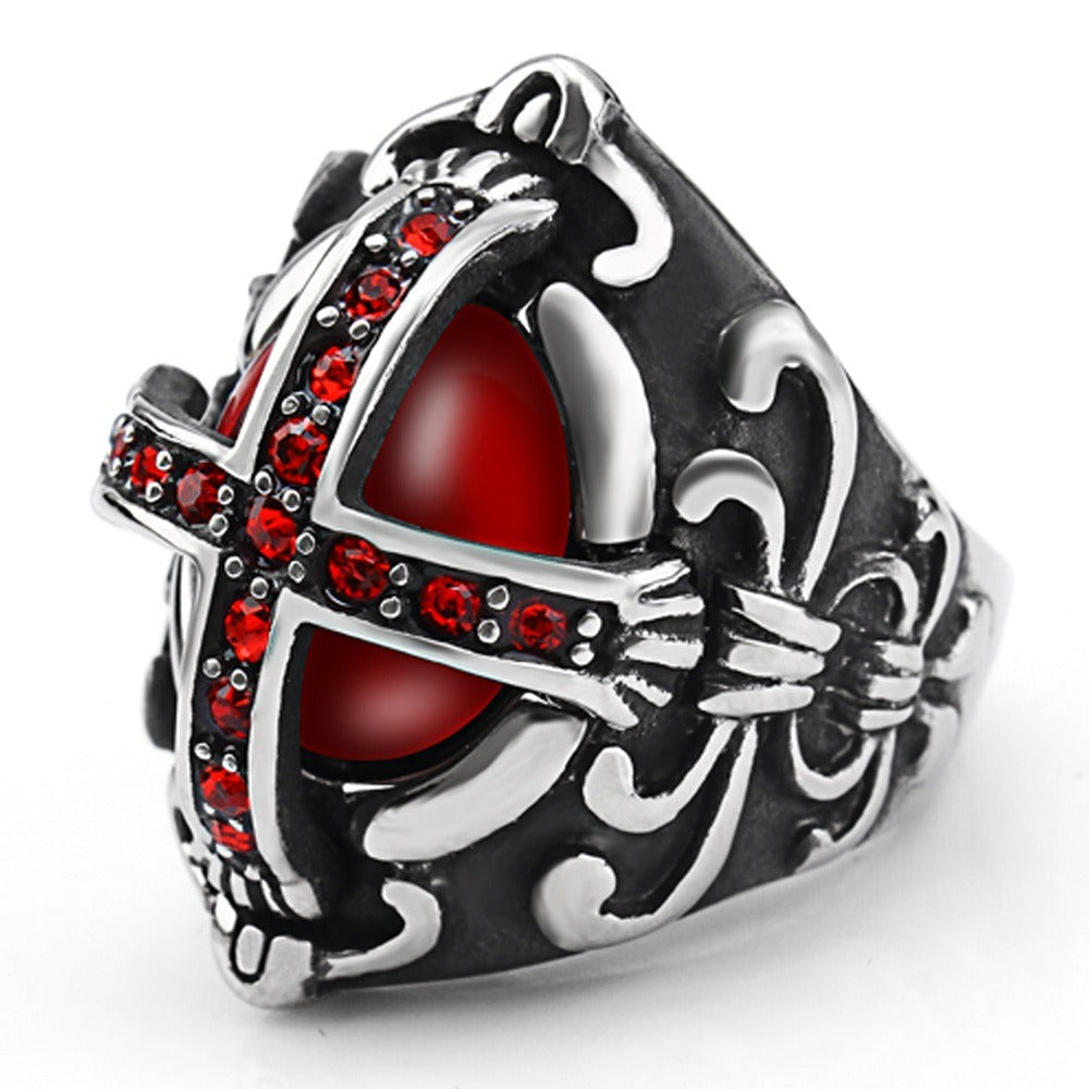 Kemstone Titanium Steel Red Cross Signet Ring for Men Vintage Gothic Stone TR0054