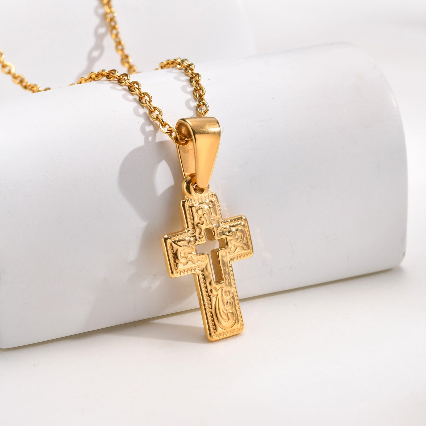 Kemstone Gold-Plated Stainless Steel Cross Pendant Necklace – Vintage Relief Style for Men & Women PN2009