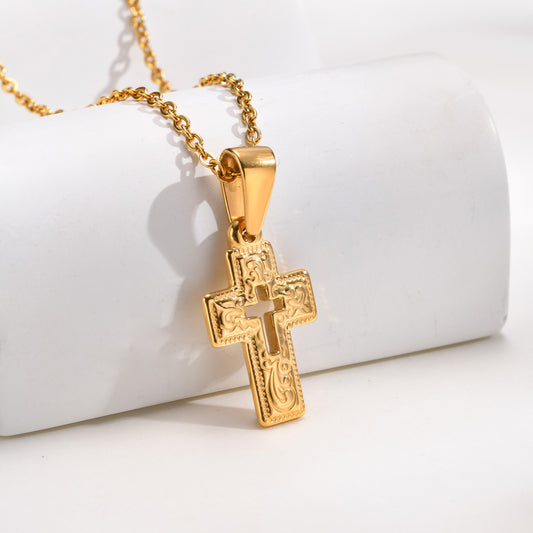 Kemstone Gold-Plated Stainless Steel Cross Pendant Necklace – Vintage Relief Style for Men & Women PN2009