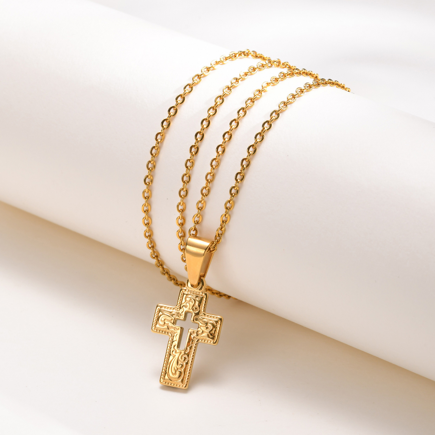 Kemstone Gold-Plated Stainless Steel Cross Pendant Necklace – Vintage Relief Style for Men & Women PN2009