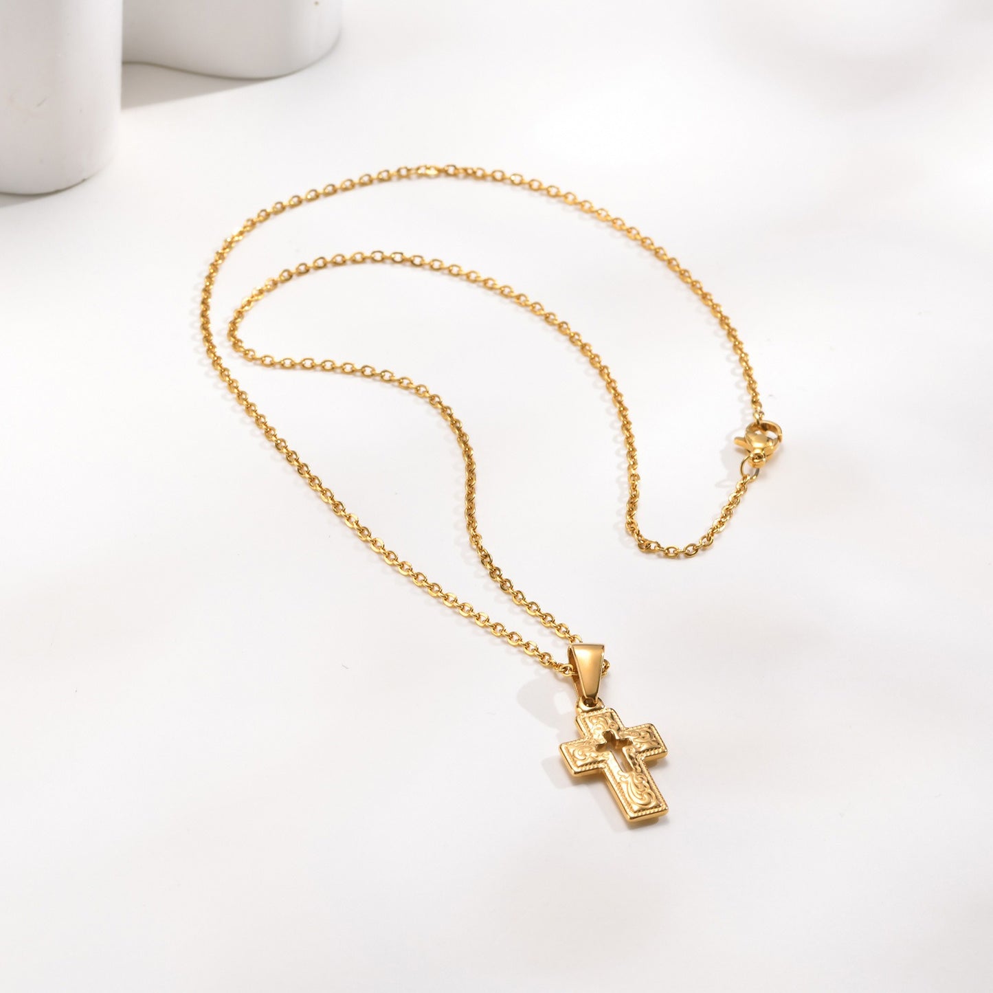 Kemstone Gold-Plated Stainless Steel Cross Pendant Necklace – Vintage Relief Style for Men & Women PN2009