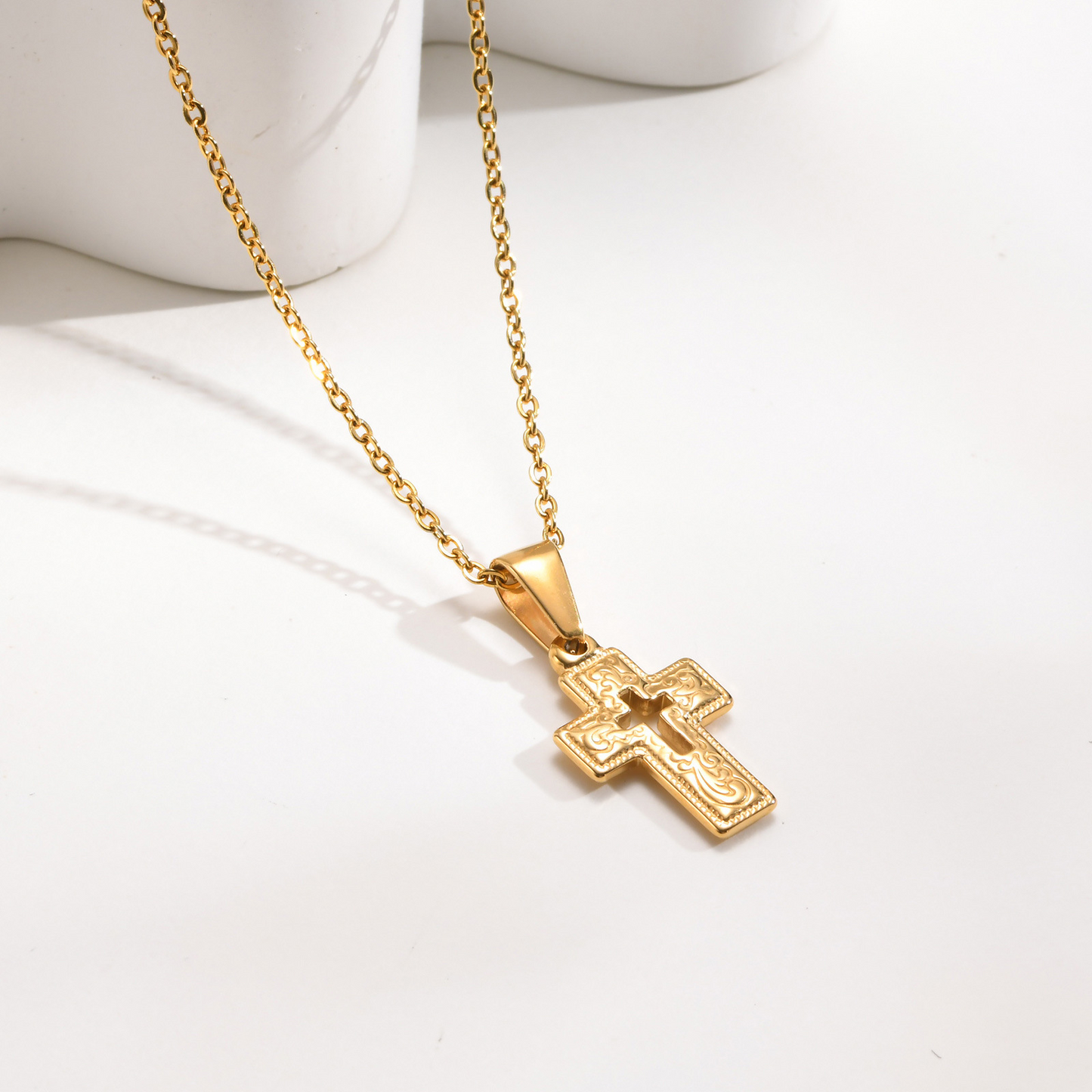 Kemstone Gold-Plated Stainless Steel Cross Pendant Necklace – Vintage Relief Style for Men & Women PN2009