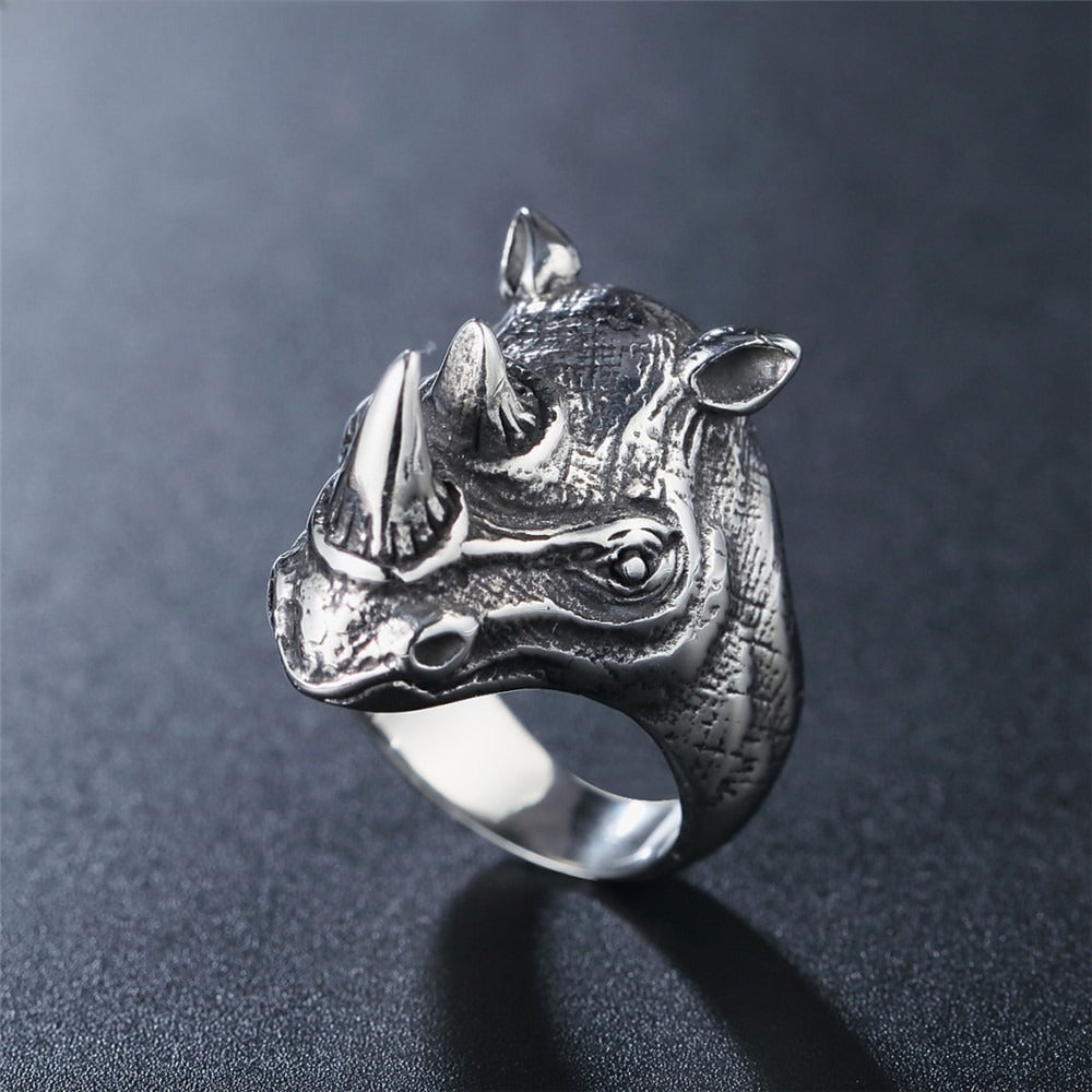 Kemstone Titanium Steel Rhino Head Ring for Men Vintage R0619