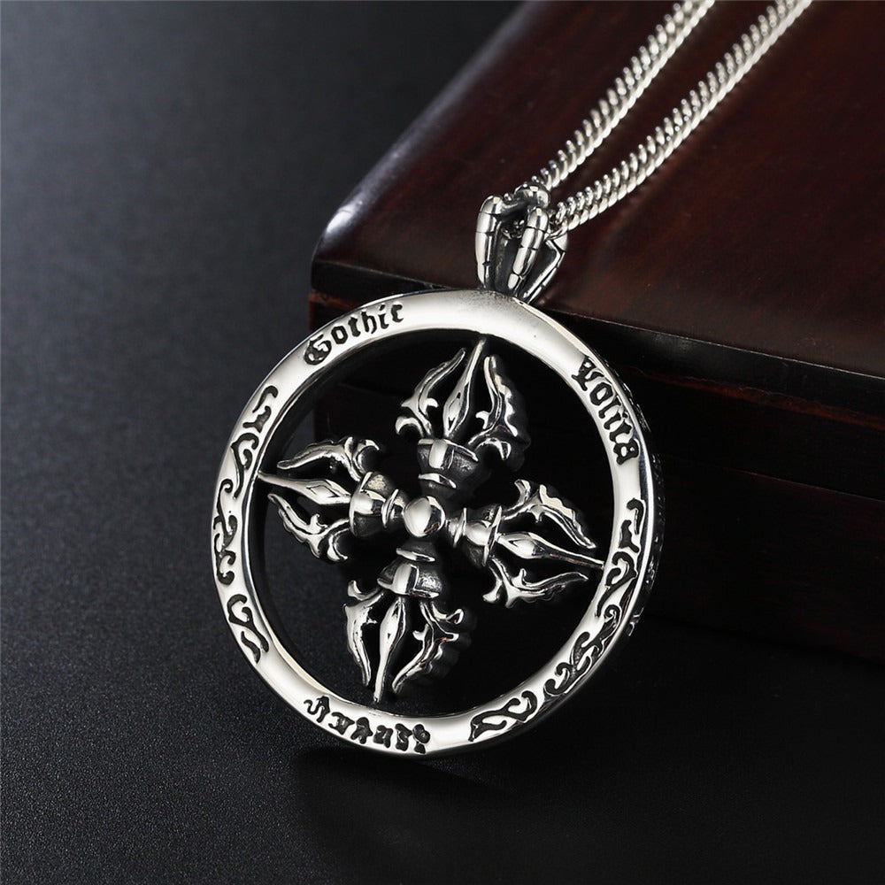 Kemstone Titanium Steel Cross Pendant Necklace for Men Round Medallion Vintage Silver P0086