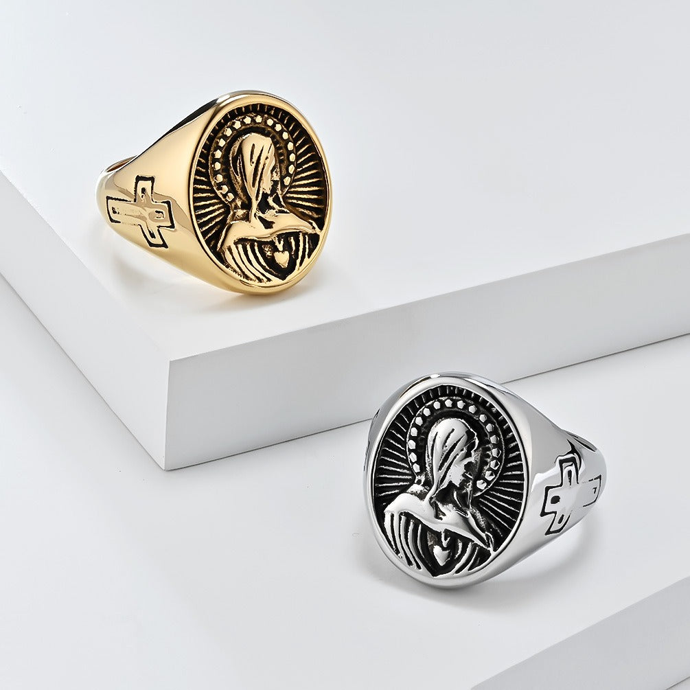 Kemstone Men’s Stainless Steel Vintage Saint Motif Cross Ring K-R941