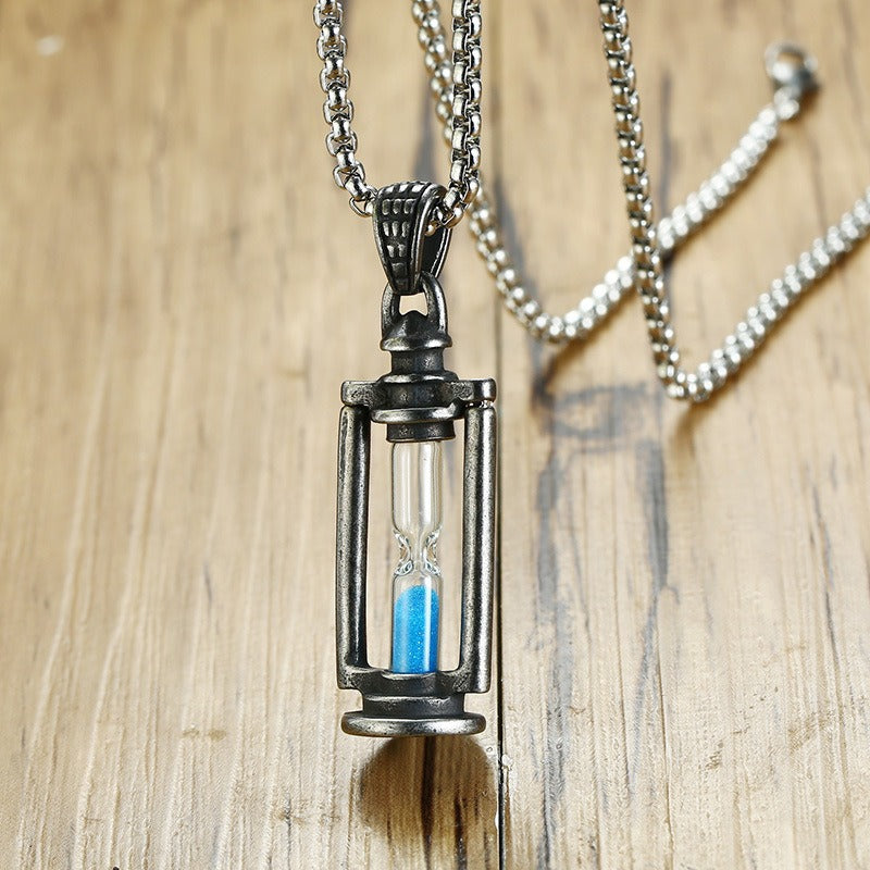 Kemstone Stainless Steel Hourglass Pendant Necklace for Men Vintage Silver PN1097