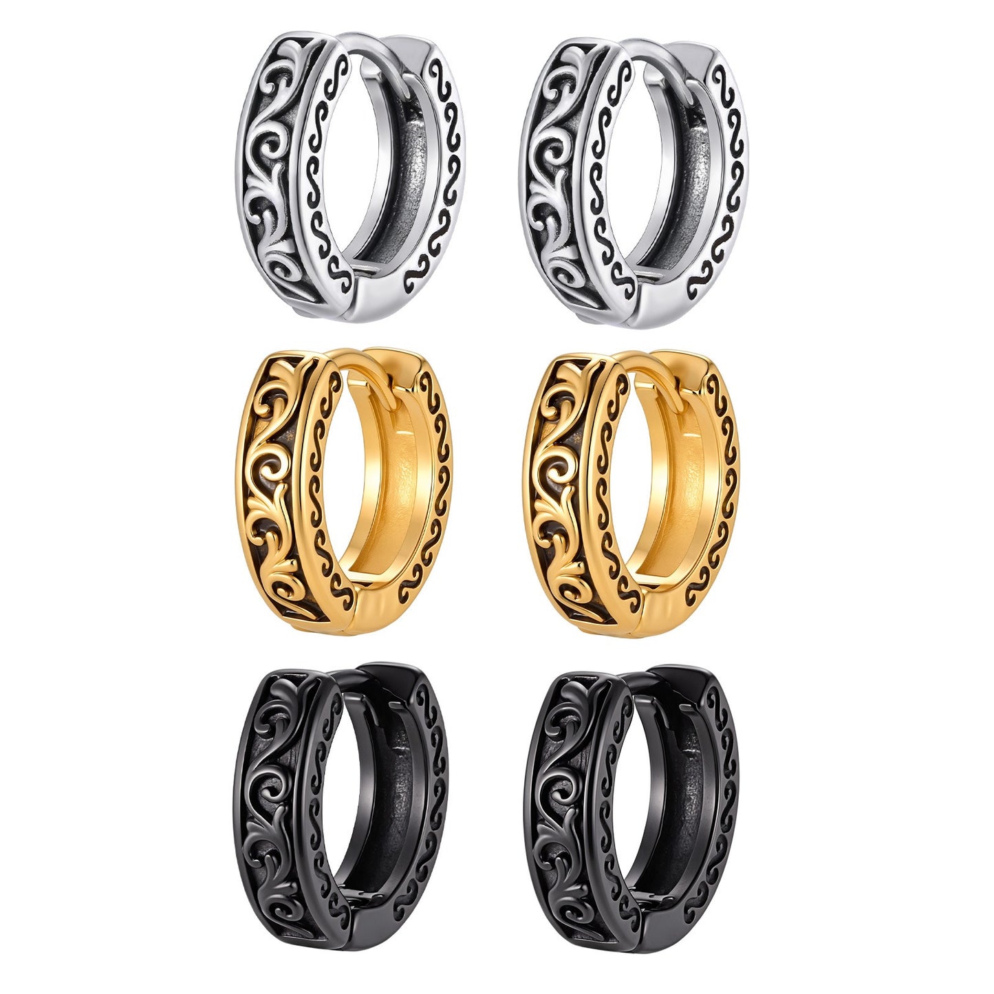 Kemstone Stainless Steel Engraved Hoop Earring for Men Women Vintage EH-839