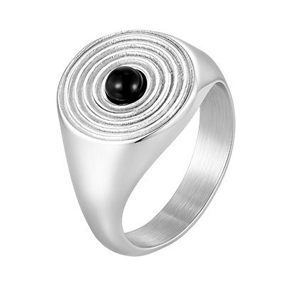 Kemstone Stainless Steel Black Stone Signet Ring for Men Concentric Pattern Vintage RC1108