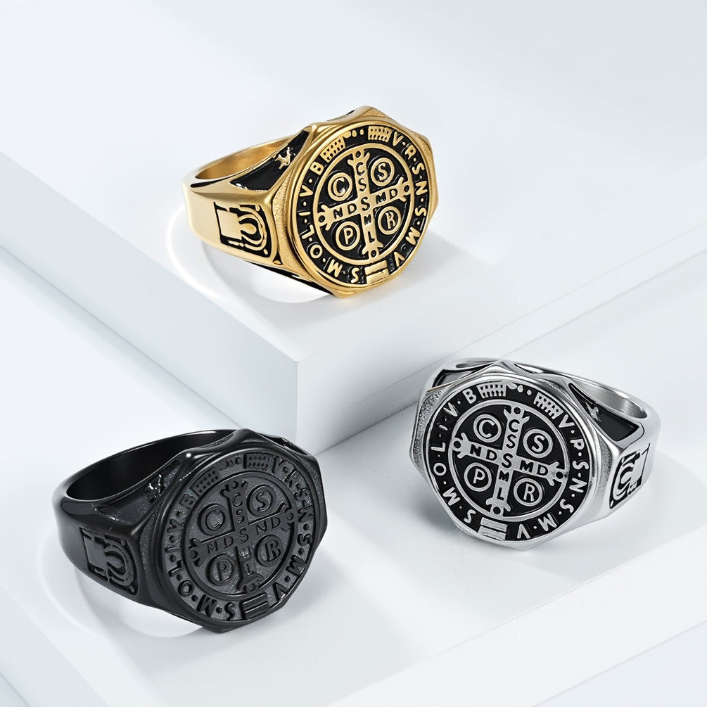 Kemstone Men’s Stainless Steel St. Benedict Cross Ring – Vintage Protection Jewelry K-R1092