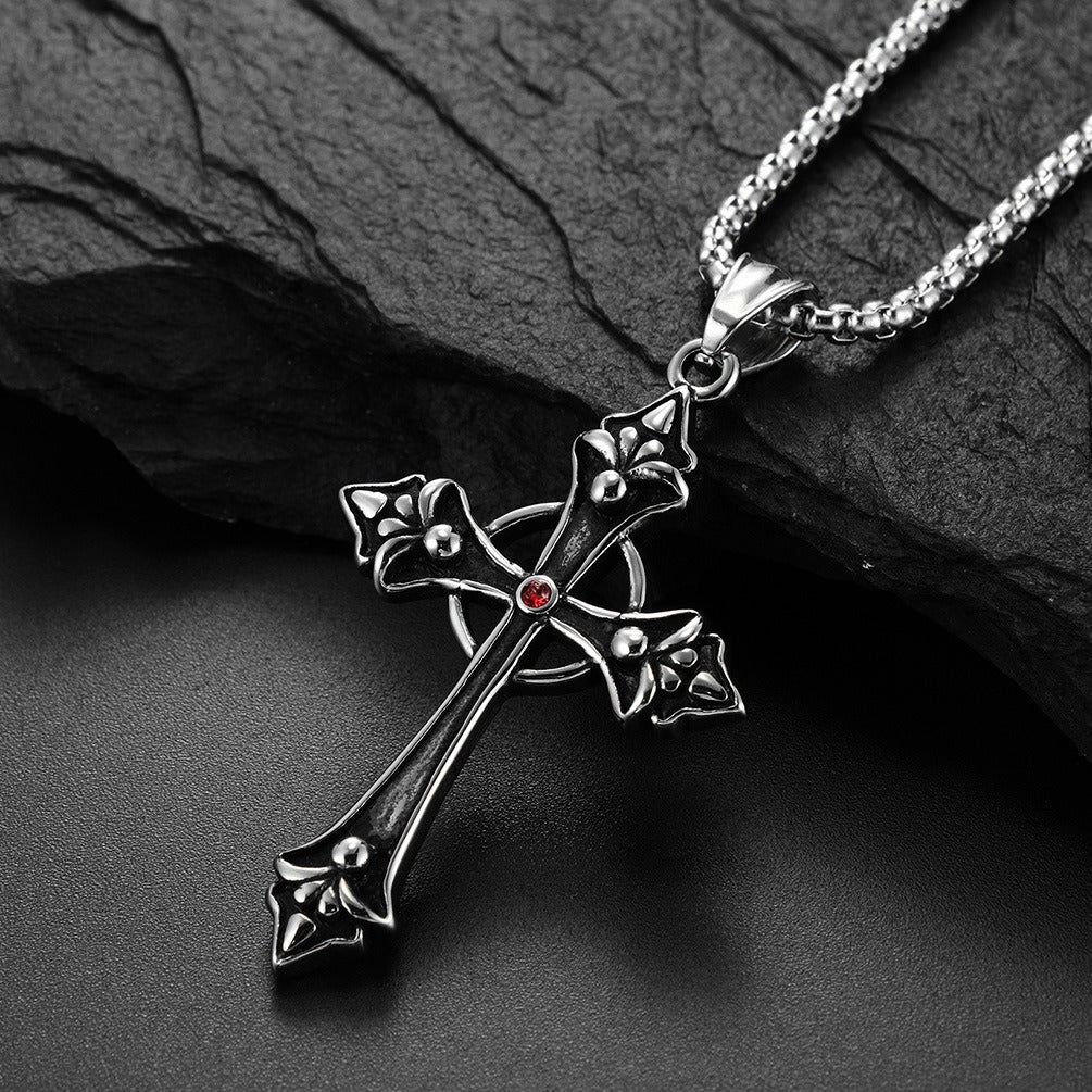 Kemstone Stainless Steel Red Cubic Zirconia Cross Pendant Necklace for Men Vintage Silver K-PT396
