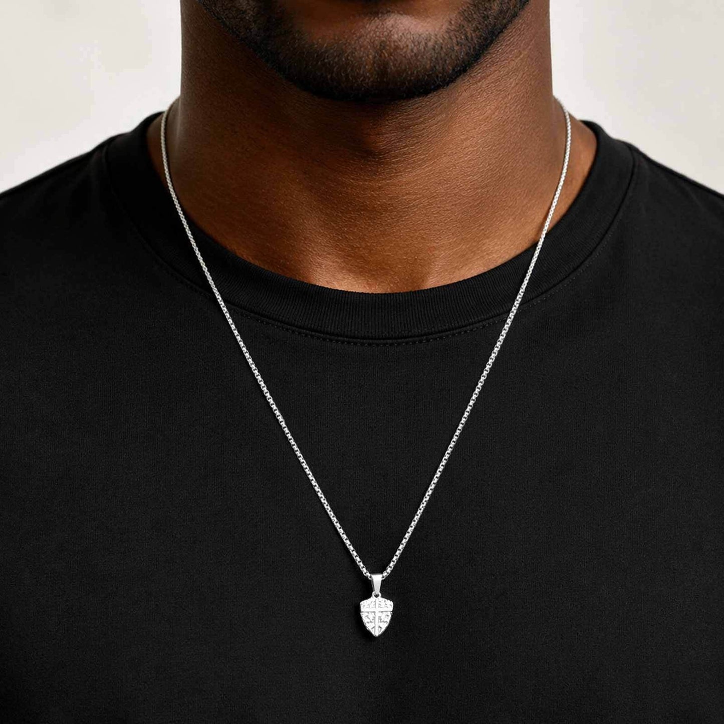 Kemston Stainless Steel Shield Cross Pendant Necklace for Men Carved Design PN-2425