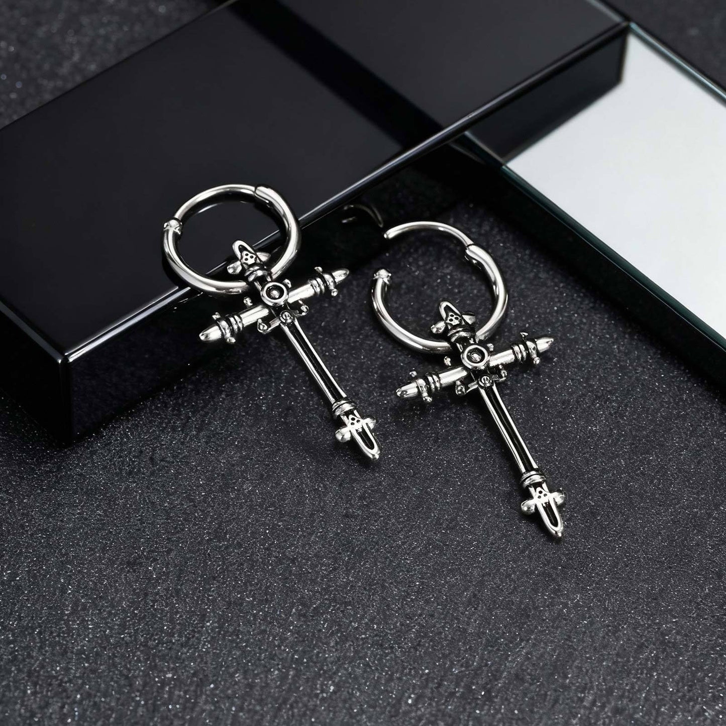 Kemstone Stainless Steel Cross Hoop Earring for Men – Vintage Silver ED-966