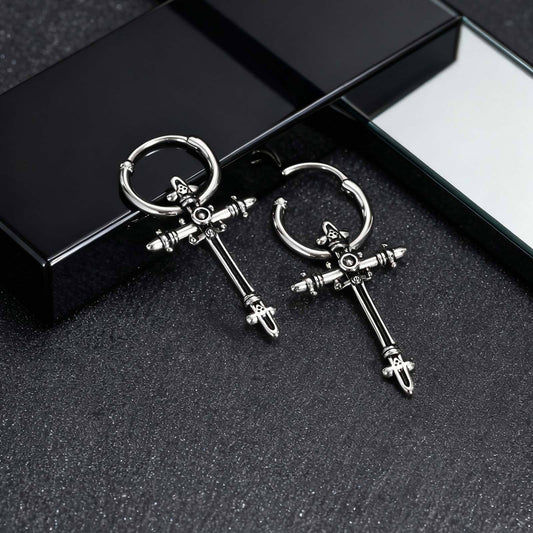 Kemstone Stainless Steel Cross Hoop Earring for Men – Vintage Silver ED-966
