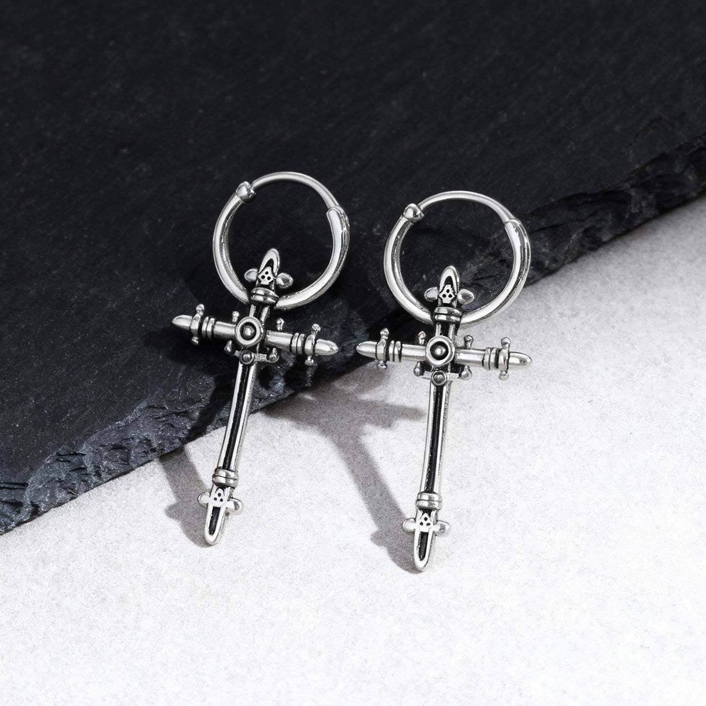 Kemstone Stainless Steel Cross Hoop Earring for Men – Vintage Silver ED-966