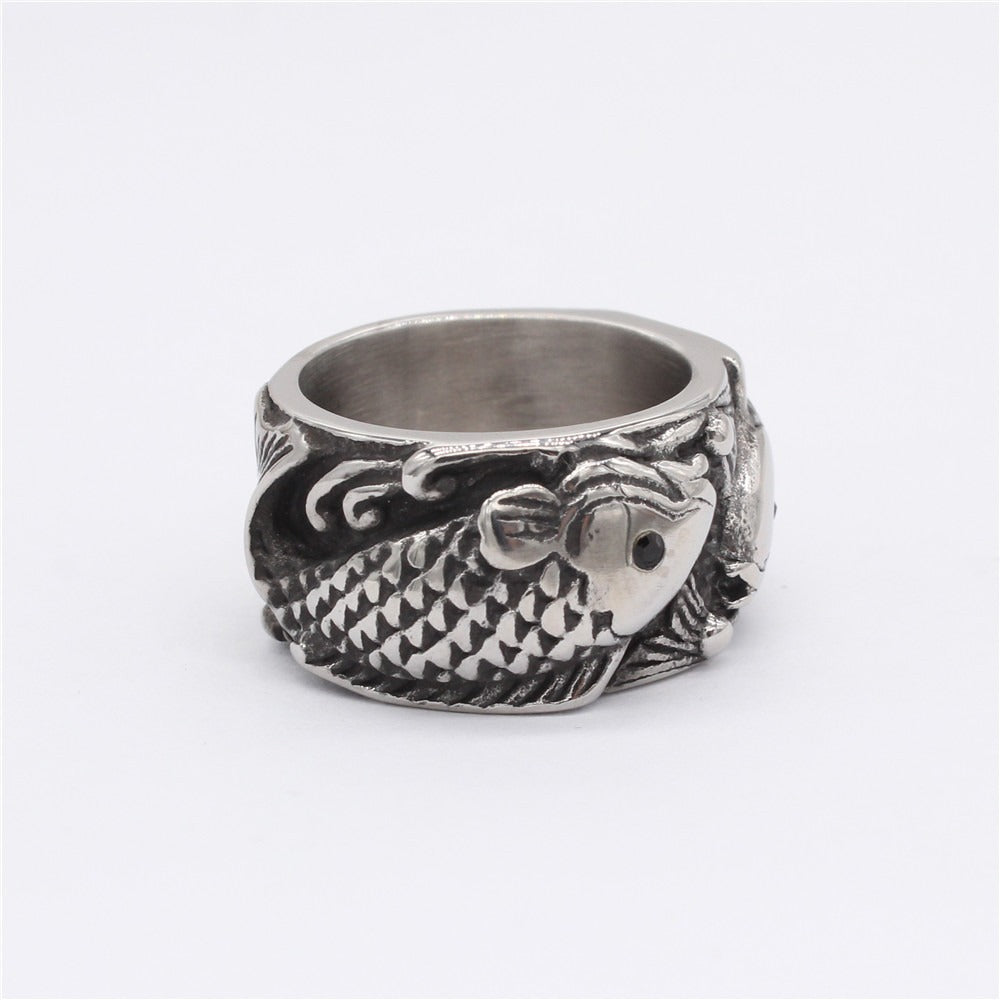 Kemston Titanium Steel Double Koi Fish Ring for Men Vintage R1375