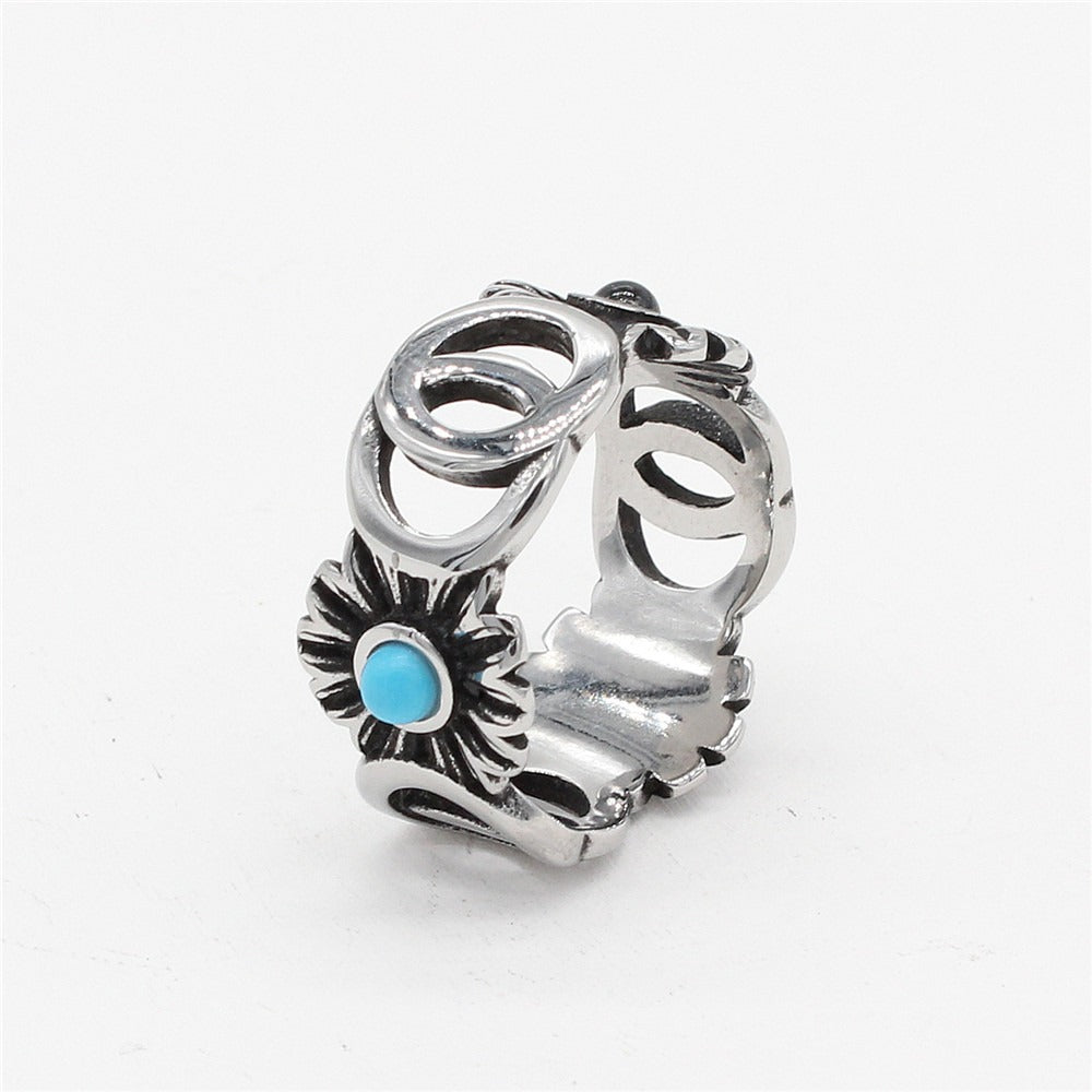 Kemstone Titanium Steel Sunflower Ring for Men Vintage Openwork Blue Detail R1125