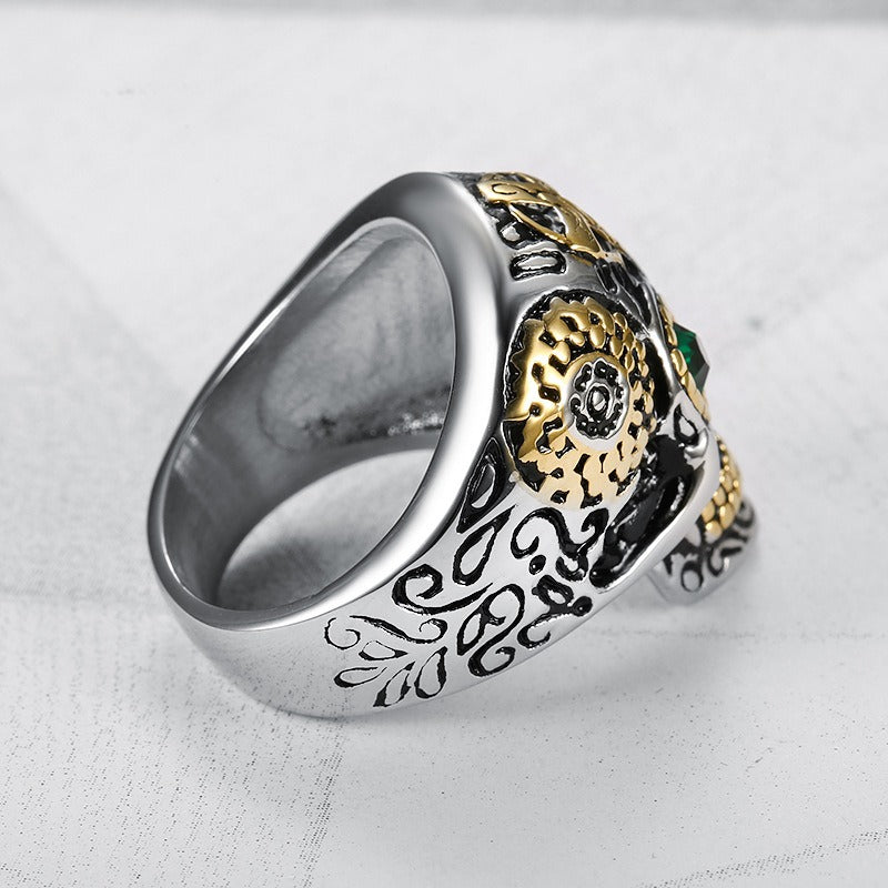 Kemstone Green Stone Skull Ring for Men Stainless Steel Vintage Cross TR0069