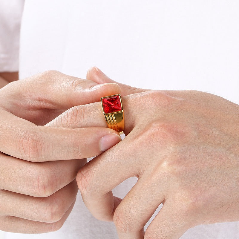 Kemstone Titanium Steel Square Red Stone Signet Ring for Men Vintage Gold Silver KR114482-MZOZ