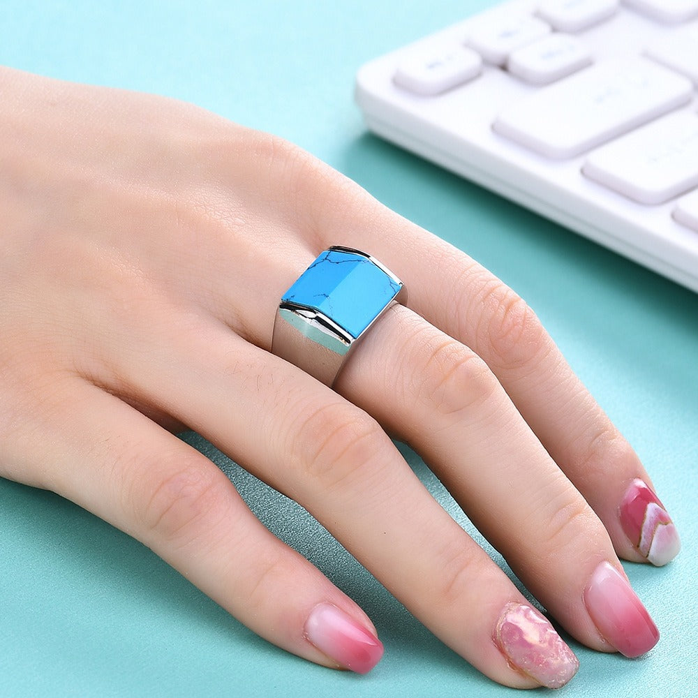 Kemstone Stainless Steel Turquoise Signet Ring for Men Vintage Square Stone CG1514