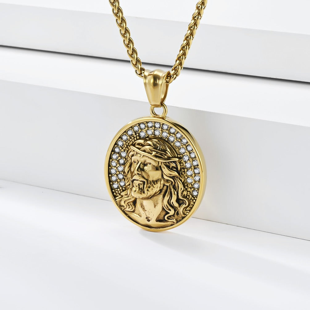 Kemston Stainless Steel Oval Portrait Pendant Necklace for Men Vintage Thorn Detail K-PT730