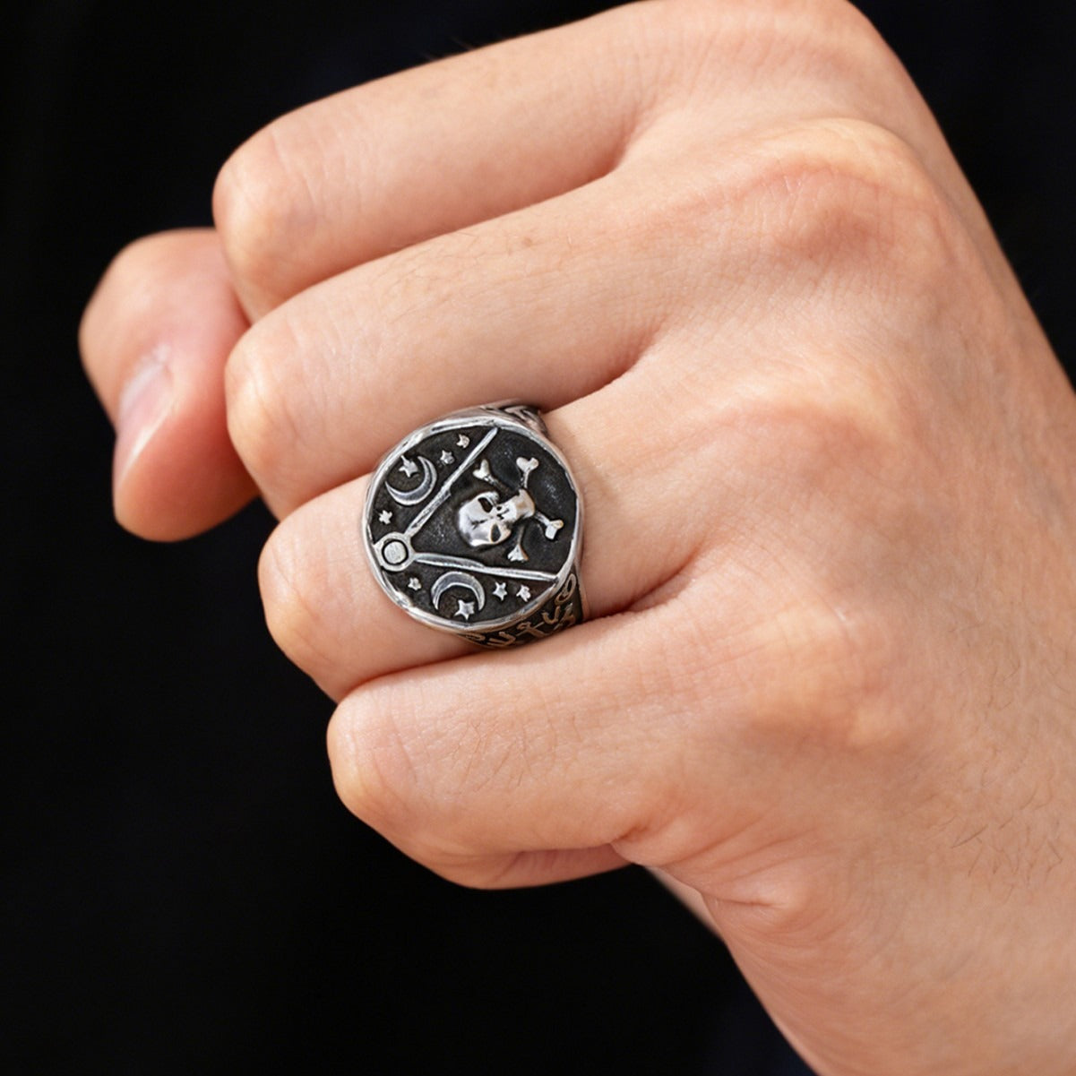 Kemston Pirate Skull Crossbones Ring for Men Stainless Steel Moon Star Vintage TR0529