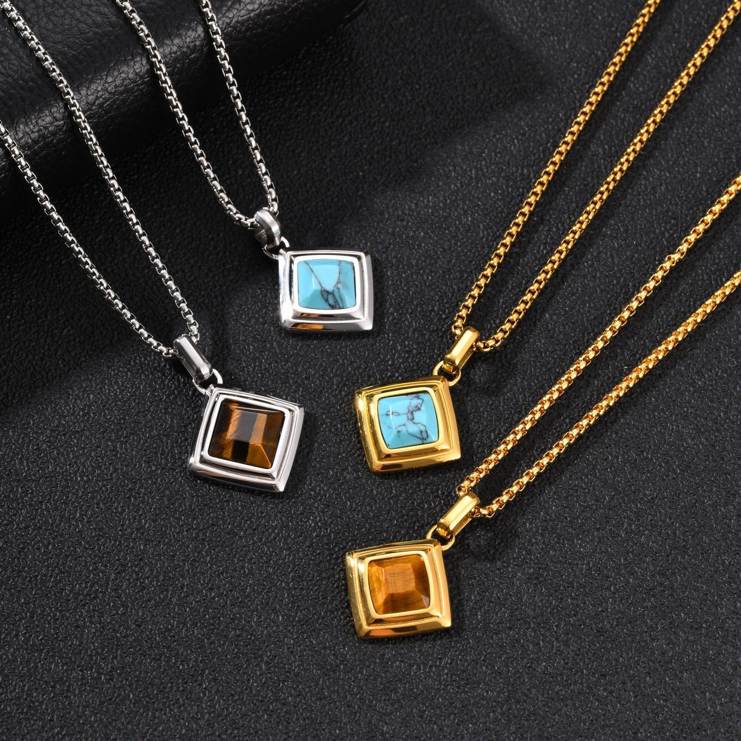 Kemston Tiger Eye Square Pendant Necklace for Men Stainless Steel Geometric Stone Design PN-2436