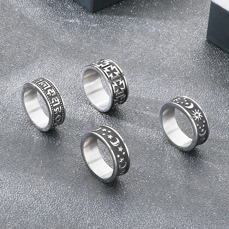 Kemstone Titanium Steel Sun Moon Star Ring for Men Vintage Symbol Band KB158011-Z