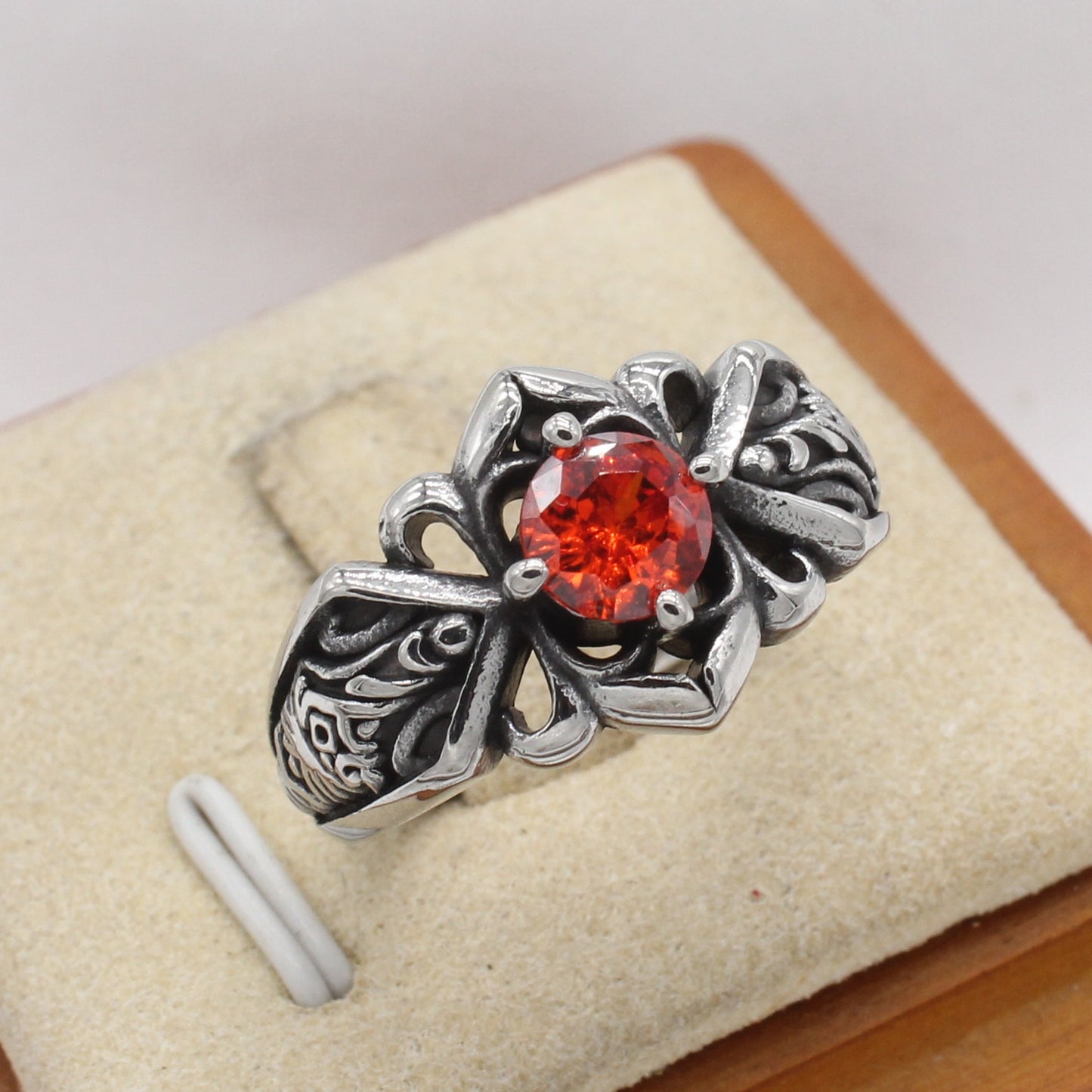 Kemstone Vintage Cubic Zirconia Titanium Steel Ring for Men & Women – Textured Band Design R1929