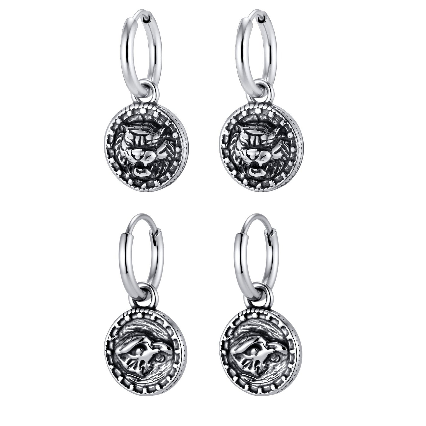 Kemstone Stainless Steel Tiger Coin Dangle Hoop Earring for Men Vintage ED-1085