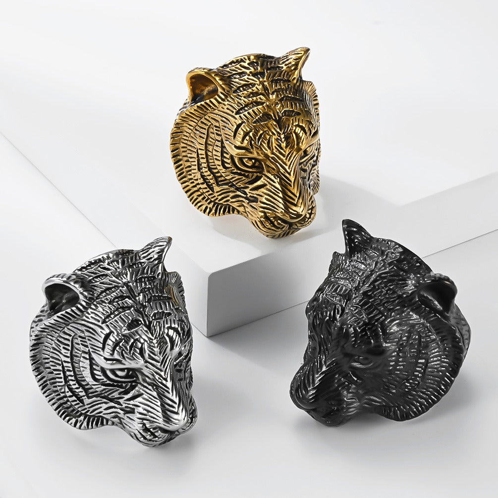 Kemstone Stainless Steel Tiger Head Ring – Vintage Chunky Style for Men K-R1149
