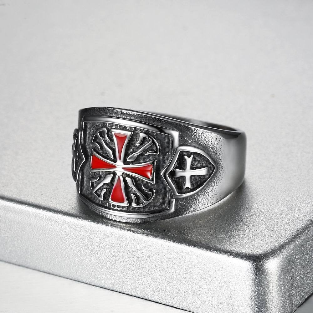 Kemstone Titanium Steel Cross Signet Ring for Men Red Accent TR0075