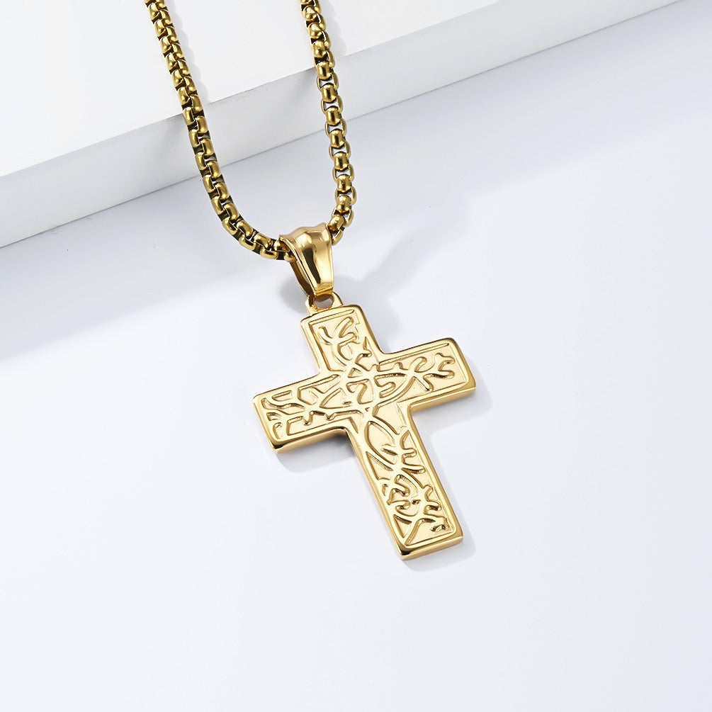 Kemstone Stainless Steel Cross Pendant Necklace for Men Vintage Engraved Tree of Life Lightweight K-PT725
