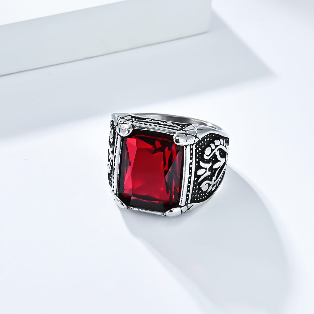 Kemstone Men’s Stainless Steel Ring – Vintage Tulip Glass Stone K-R1014