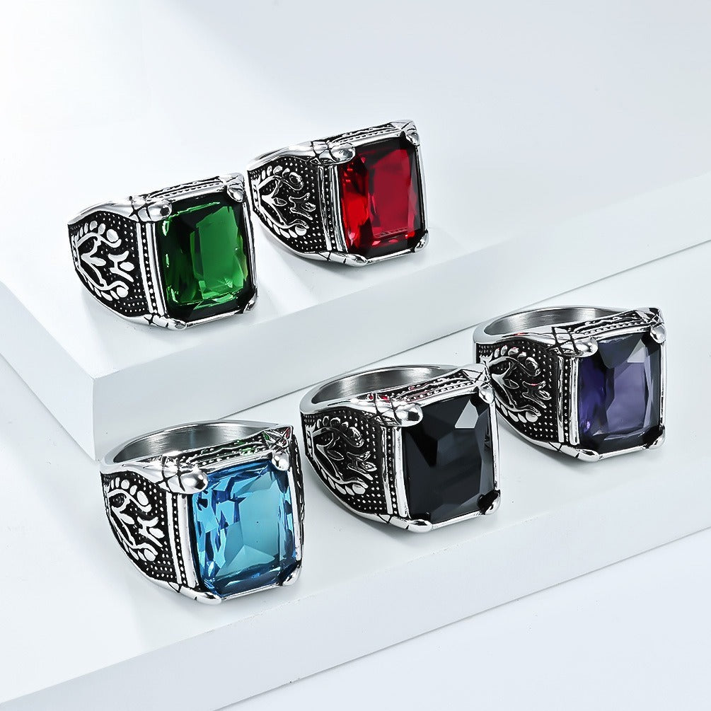 Kemstone Men’s Stainless Steel Ring – Vintage Tulip Glass Stone K-R1014