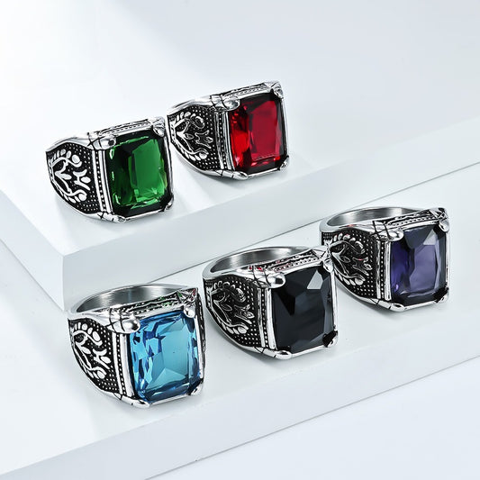 Kemstone Men’s Stainless Steel Ring – Vintage Tulip Glass Stone K-R1014