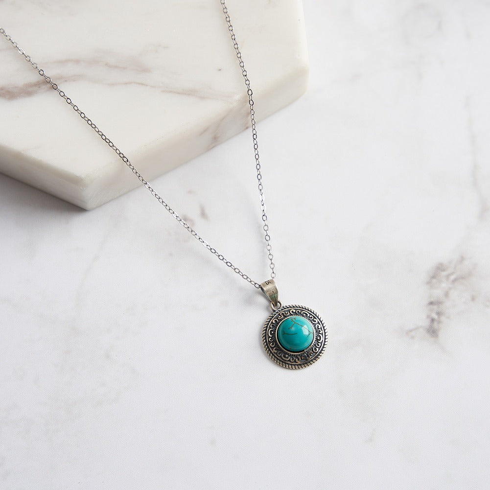 Kemstone 925 Sterling Silver Turquoise Pendant Necklace for Women Vintage Round Coin GMN46