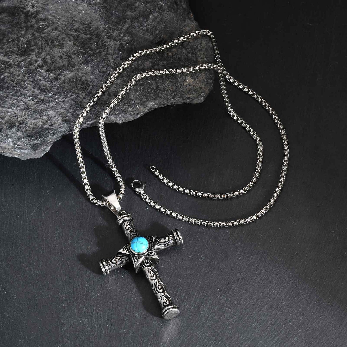 Kemstone Stainless Steel Cross Pendant Necklace Men’s Turquoise Star PN-2235