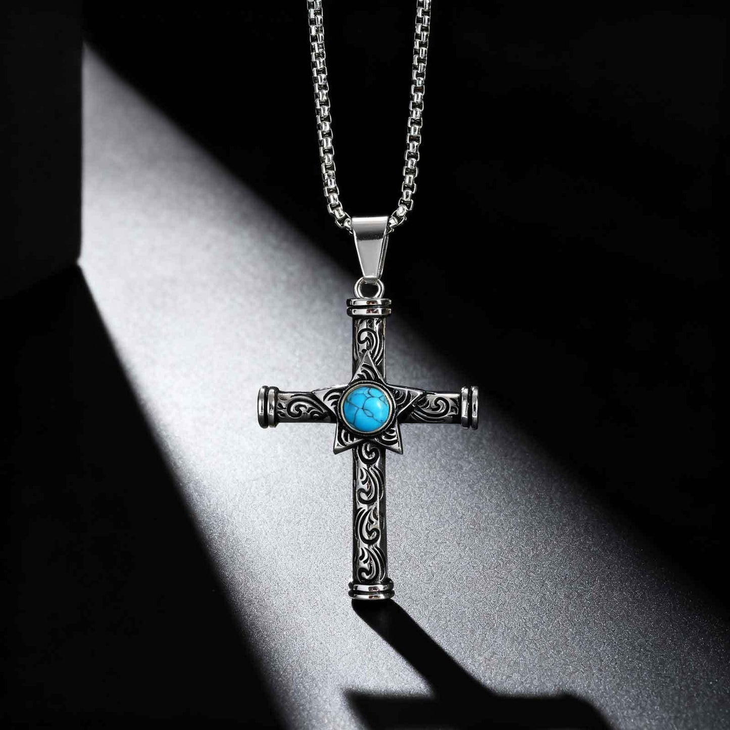Kemstone Stainless Steel Cross Pendant Necklace Men’s Turquoise Star PN-2235