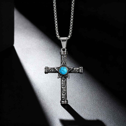Kemstone Stainless Steel Cross Pendant Necklace Men’s Turquoise Star PN-2235