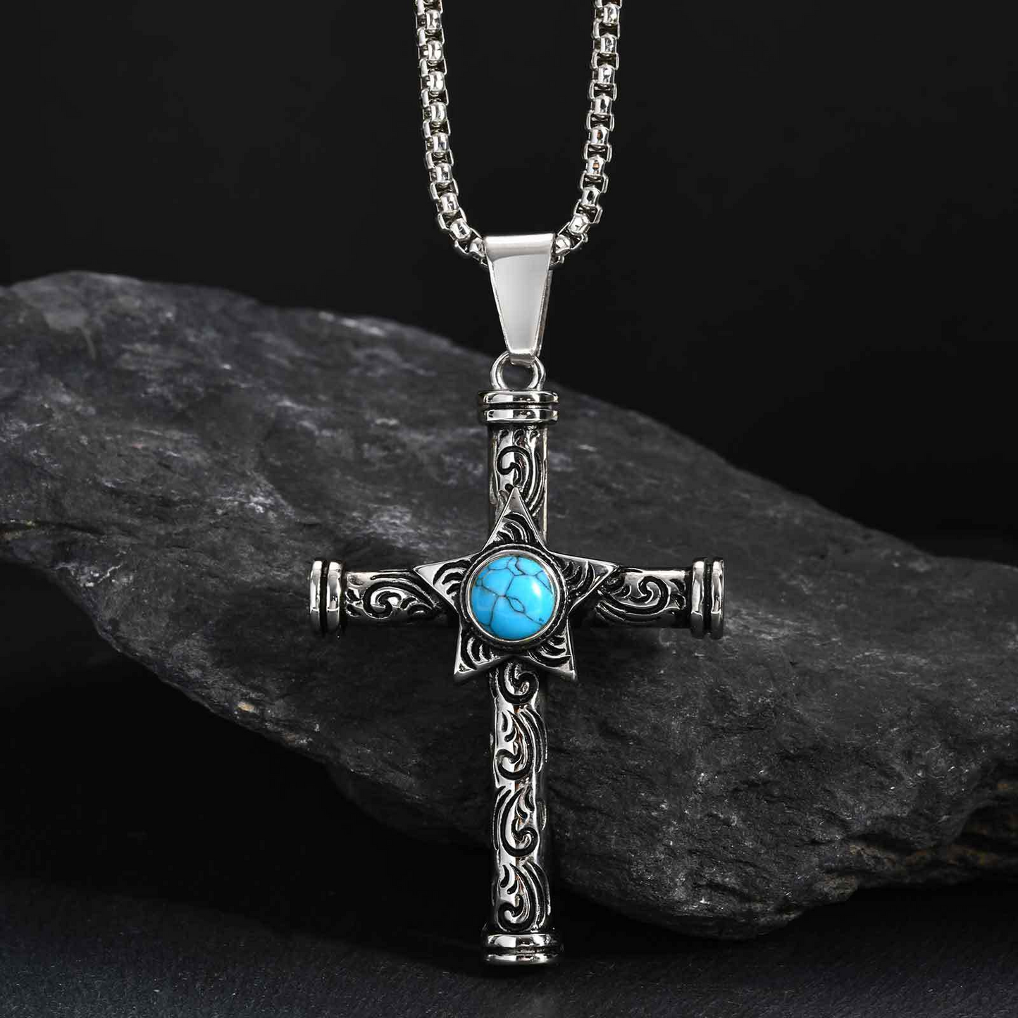 Kemstone Stainless Steel Cross Pendant Necklace Men’s Turquoise Star PN-2235