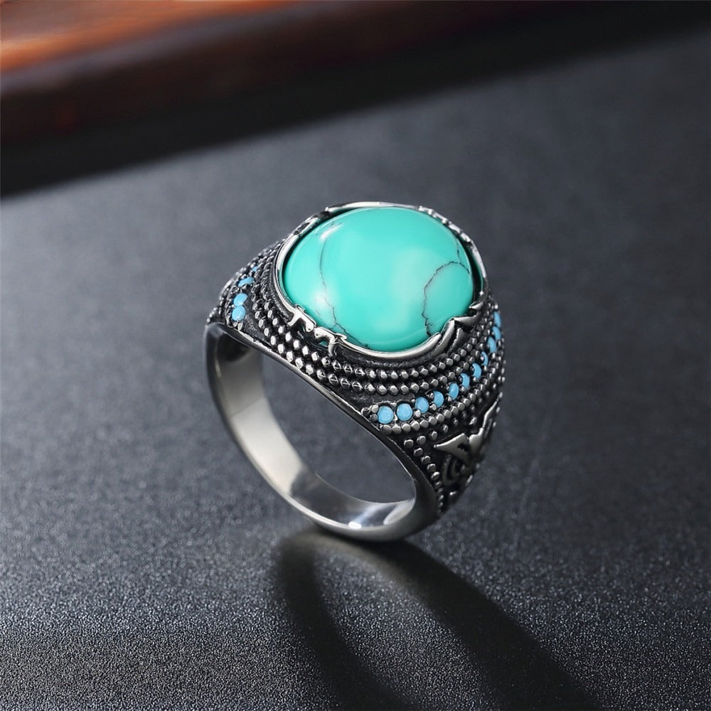 Kemstone Titanium Steel Turquoise Signet Ring for Men Oval Stone Silver Gold R0590