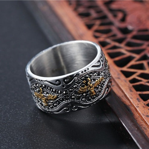 Kemston Titanium Steel Eagle Ring for Men Vintage Gold Detail Wide Band R0483