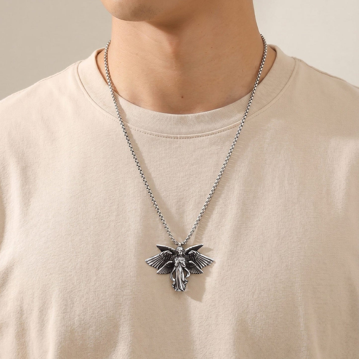 Kemstone Stainless Steel Wing Pendant Necklace for Men Vintage Gothic Silver PN2389